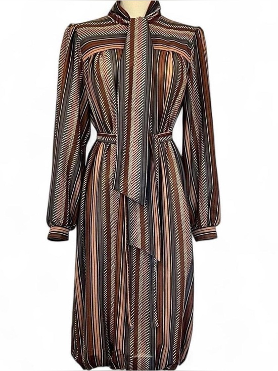 Chez California Dresses & Skirts - Vintage 70s Secretary Dress Brown Stripe Bow Scarf‎ Neck Belted Blouson